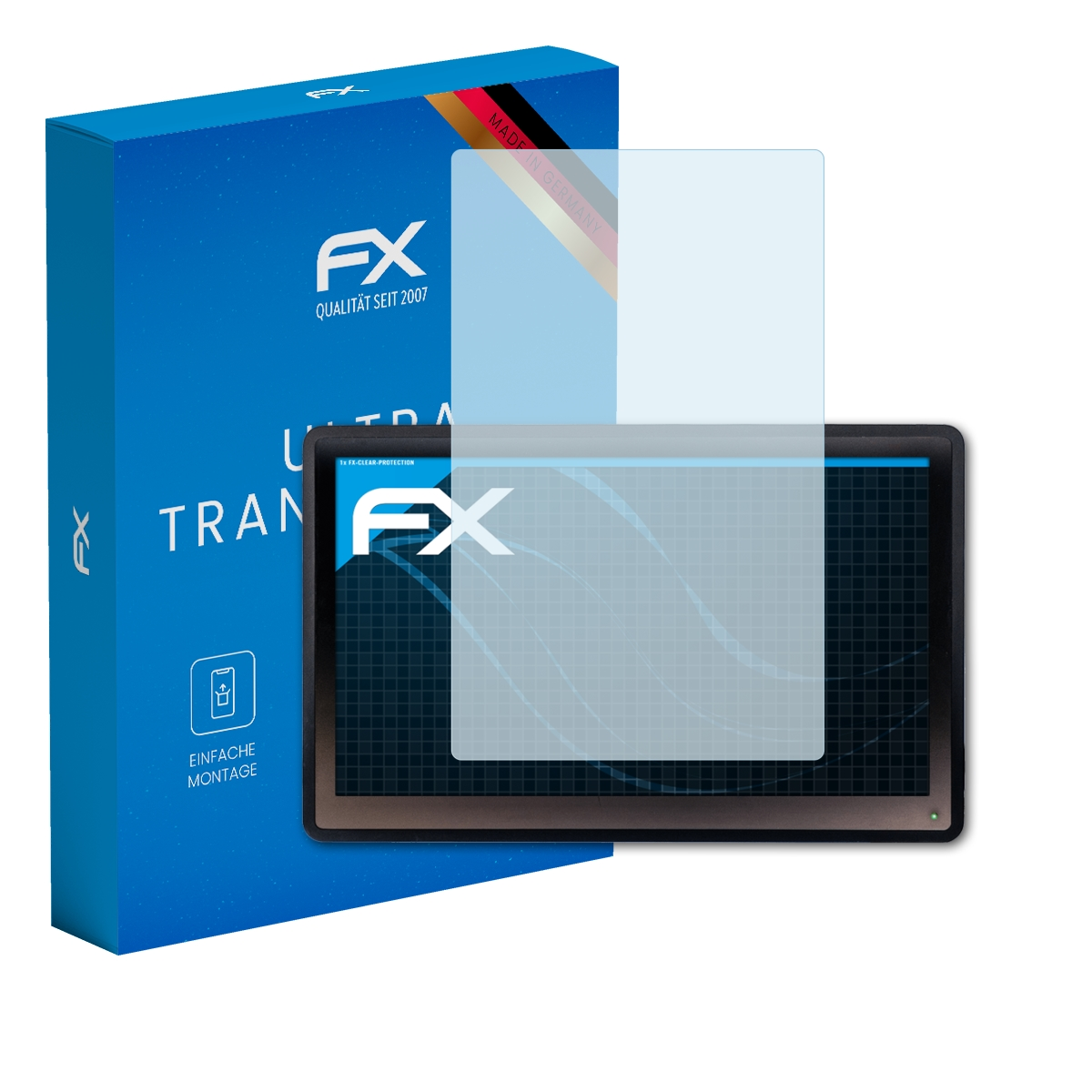 Tablet mit Displayschutzfolie, Box im Hintergrund. Blauer Hintergrund. 'Made in Germany' Aufkleber.