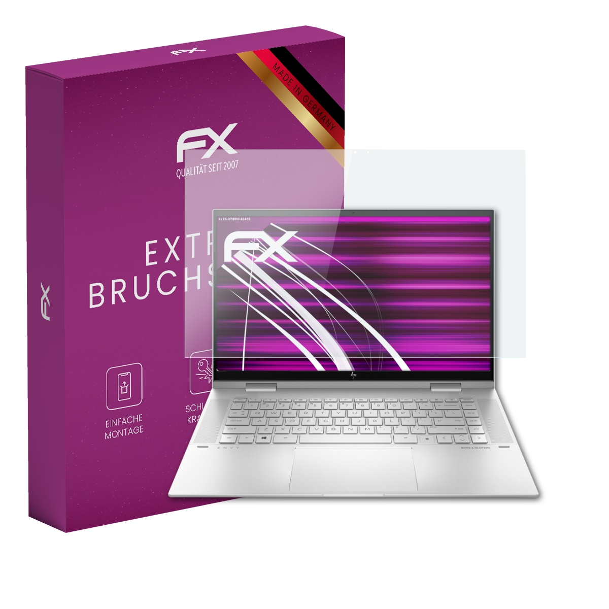 Eine lila Box und ein Laptop mit Displayschutz. Der Laptop-Bildschirm zeigt ein rosa-violettes Muster.