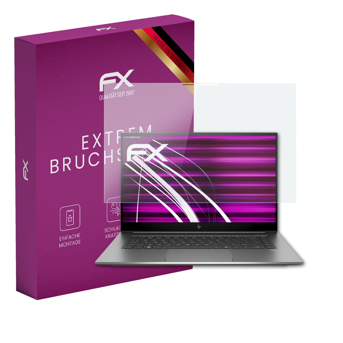 Eine lila Box und ein Laptop mit Displayschutz. Der Laptop-Bildschirm zeigt eine Oberfläche.