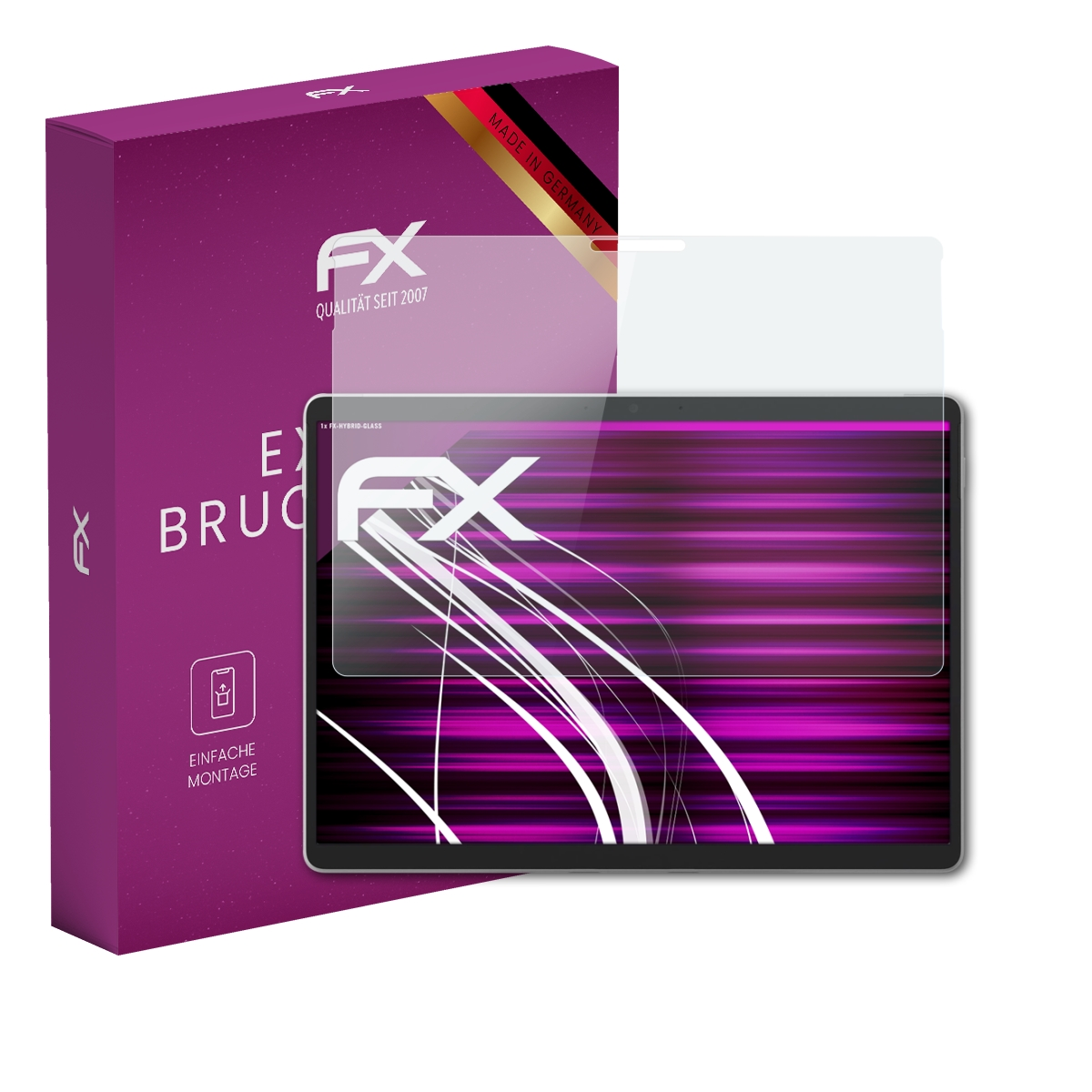Eine Box und ein Gerät. Das Gerät hat einen Bildschirm mit rosa Streifen.