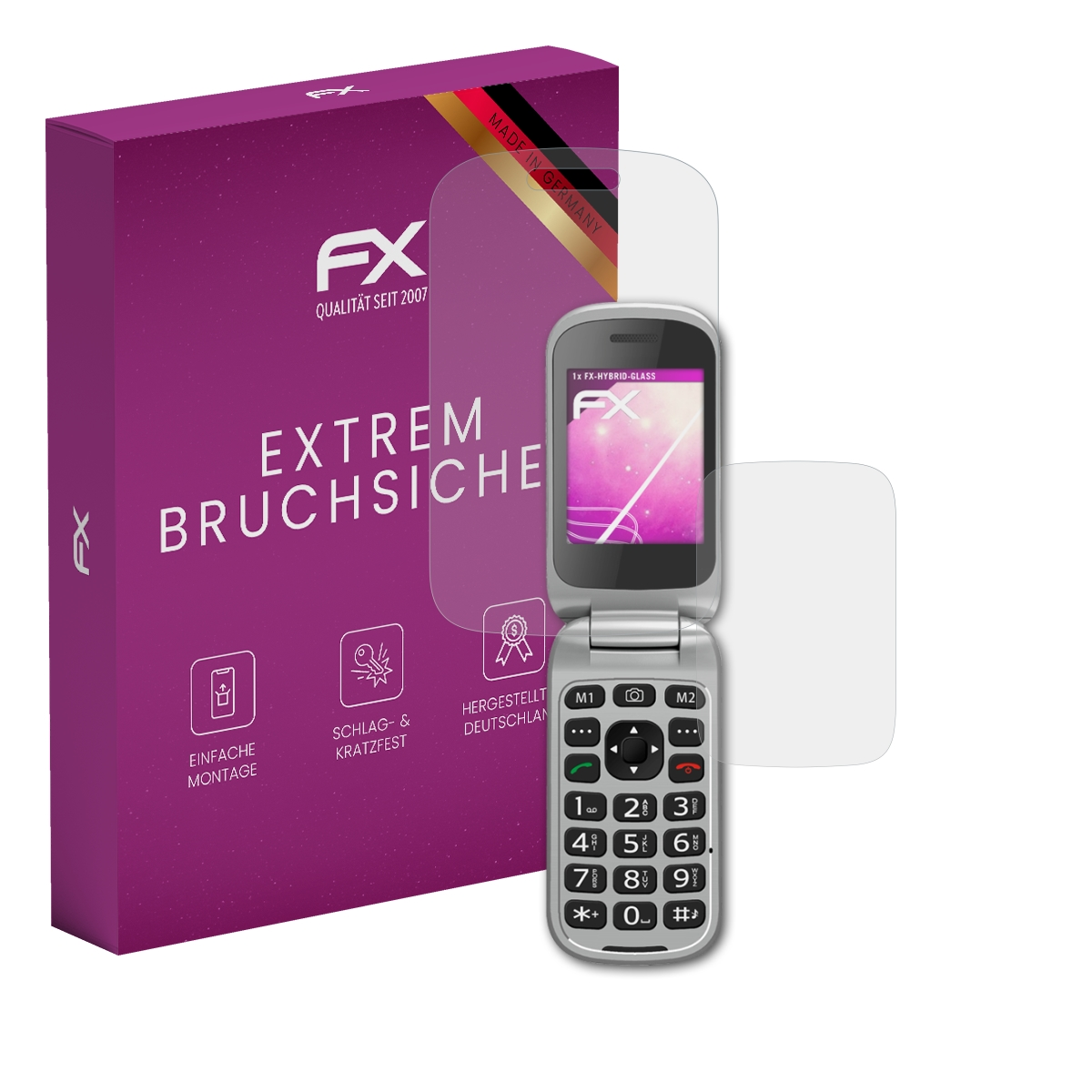Klapphandy und Displayschutzfolie. Lila Box. Text lautet FX Extrem Bruchsicher.