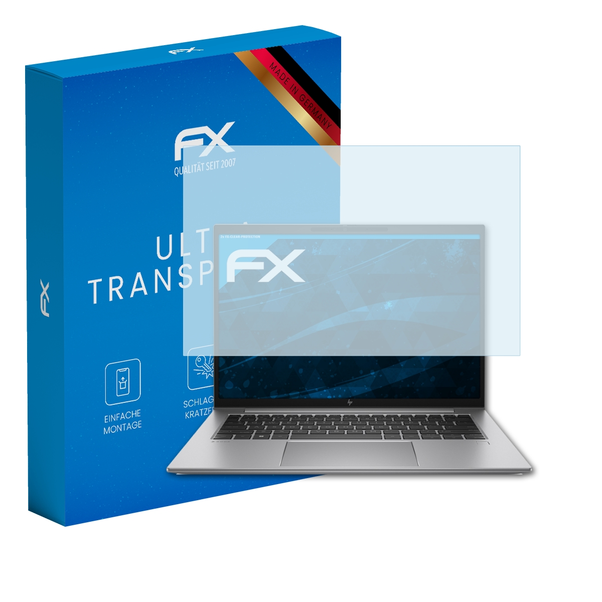 Laptop mit Displayschutzfolie; Box mit Text 'ULTRA TRANSPAR'.