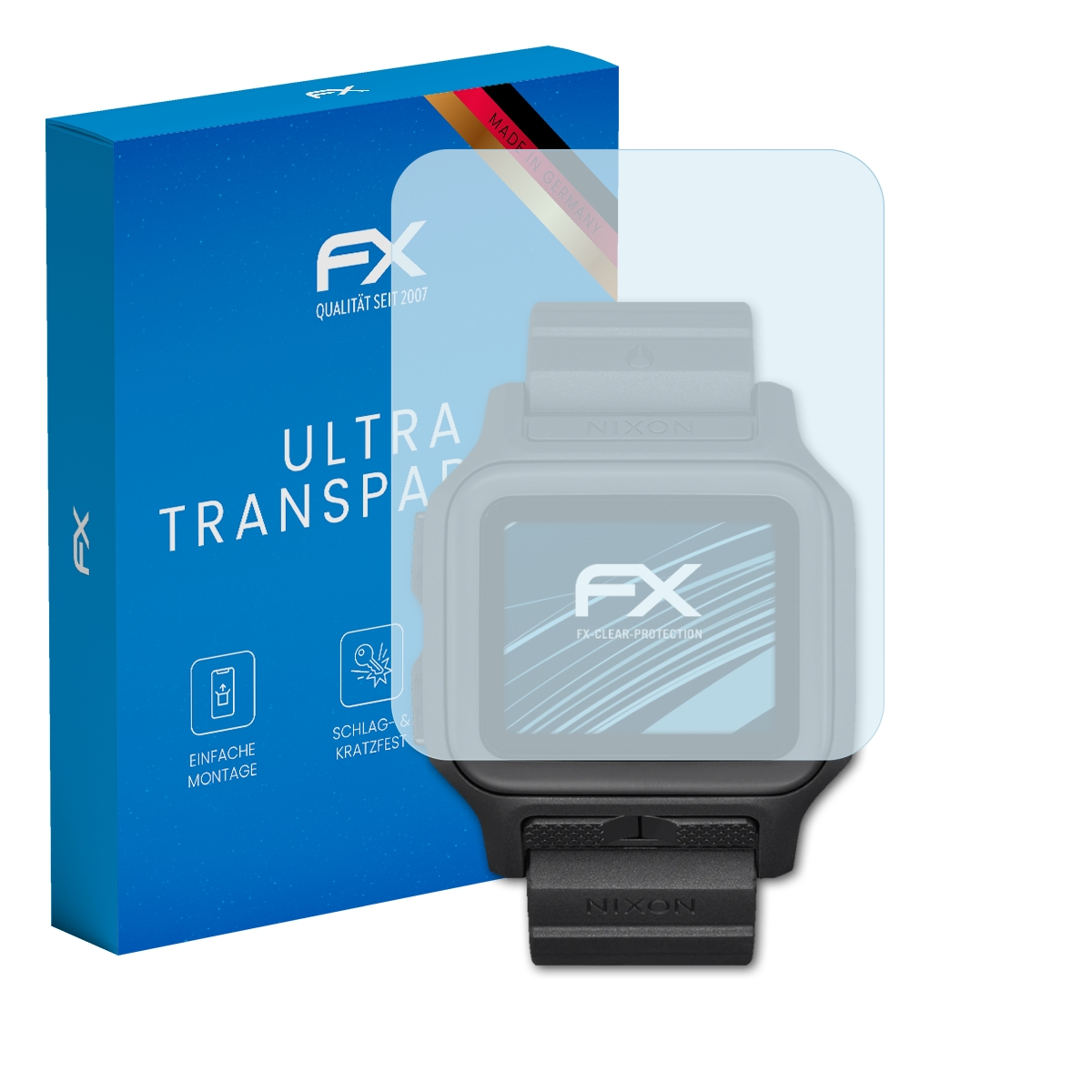 Blaue Box und Smartwatch mit Displayschutz. Auf der Box steht FX und Made in Germany.