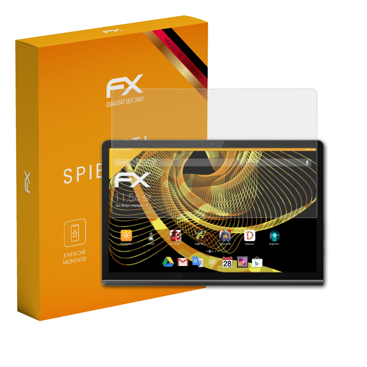 Orange Box mit FX-Logo, Displayschutz über Tablet-Display. Made in Germany.