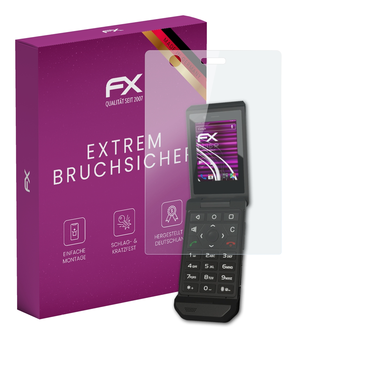 Ein Klapphandy, Displayschutz und Verpackung werden angezeigt. Der Schutz befindet sich über dem Telefonbildschirm.