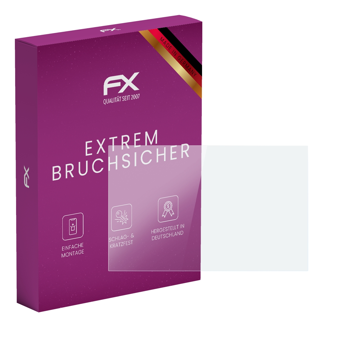 Lila Box und Displayschutz. Box-Text: EXTREM BRUCHSICHER. Schutz made in Germany.