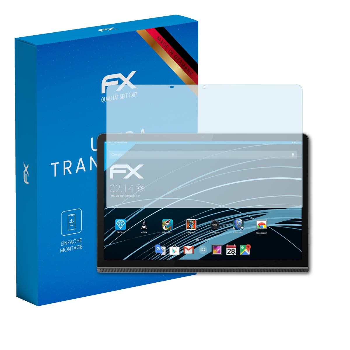 Eine Bildschirmschutzverpackung mit Tablet und Zubehör, vor weißem Hintergrund.