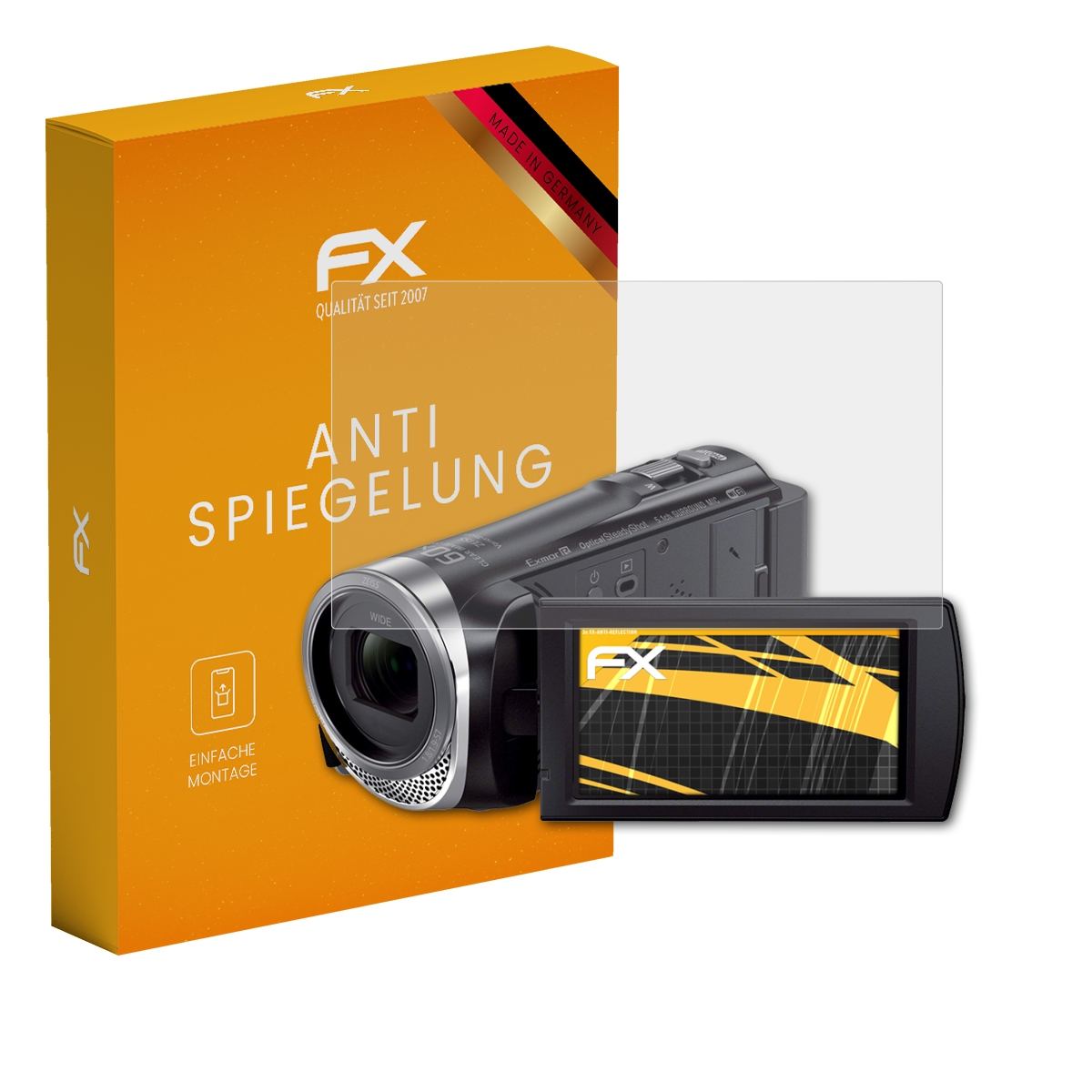 Eine Kamera wird neben ihrer Displayschutzbox angezeigt.