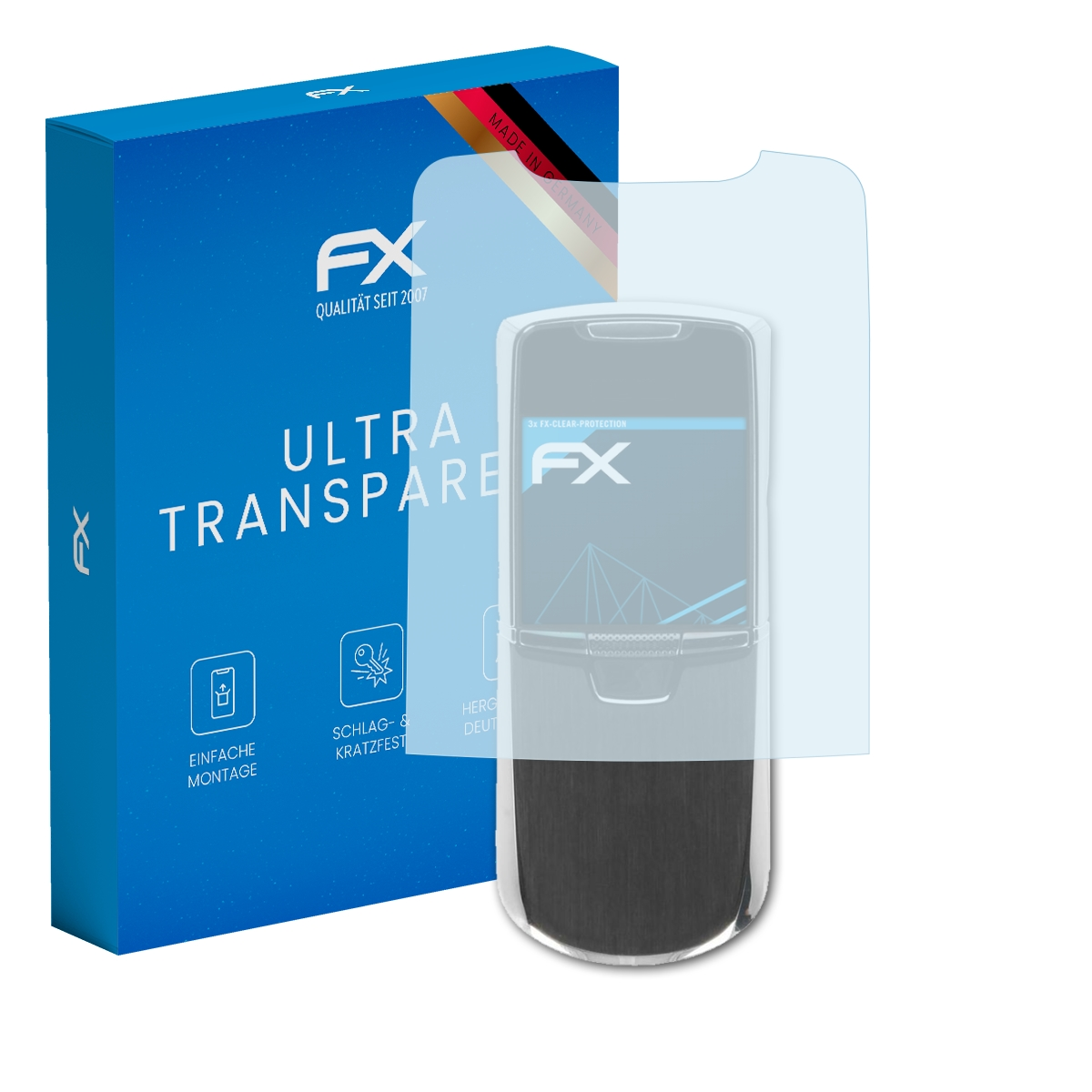 Telefon mit Displayschutz und einer blauen Schachtel mit der Aufschrift 'Ultra Transpar'.