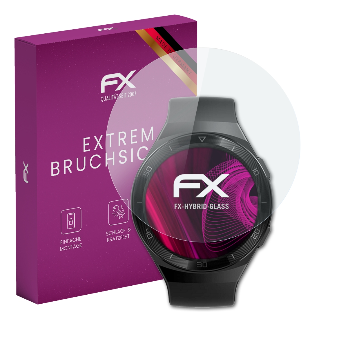 Eine Uhr mit Displayschutz und eine lila Box.