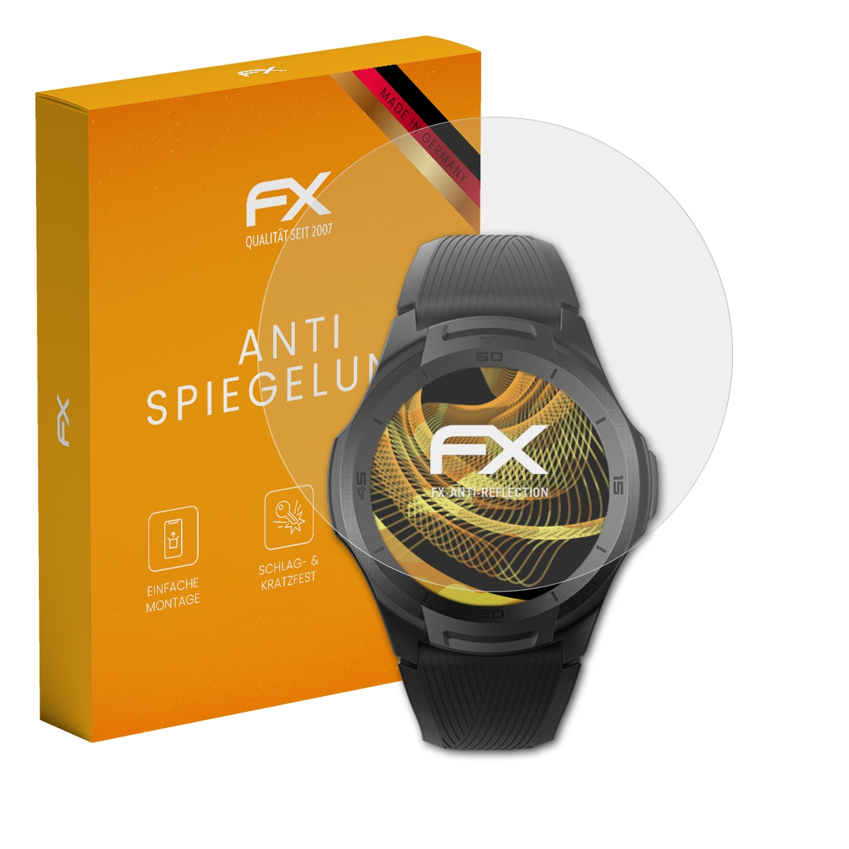 Eine Smartwatch mit Displayschutz neben einer orangefarbenen Box mit FX-Logo und Text.