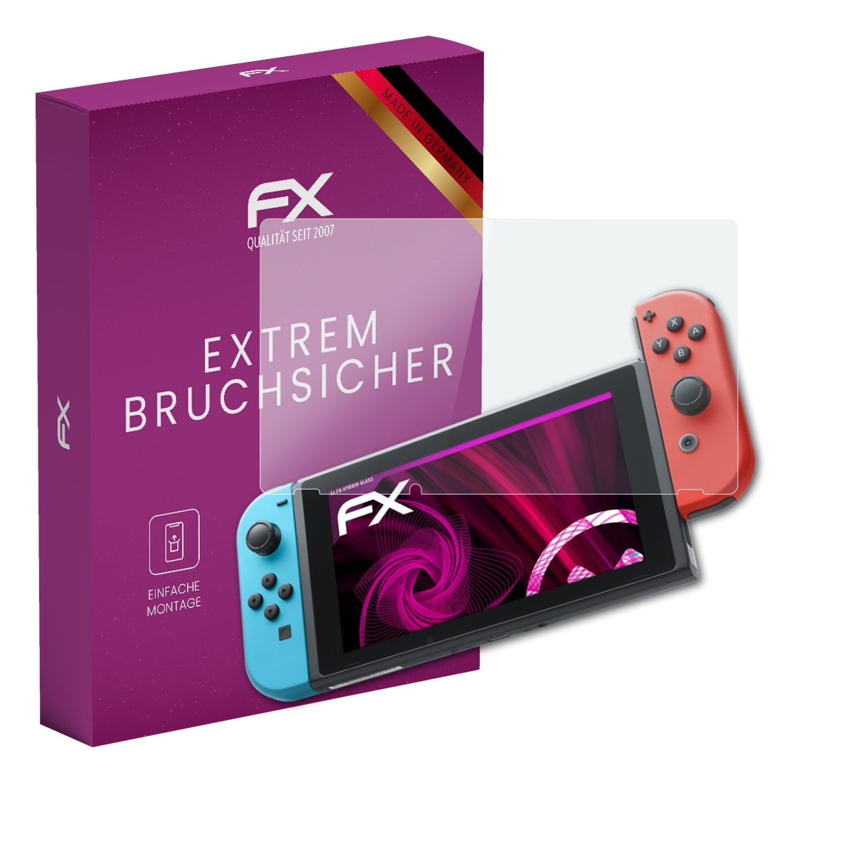 Lila Schachtel mit Displayschutzfolie für eine Nintendo Switch, Gerät mit angebrachter Displayschutzfolie.