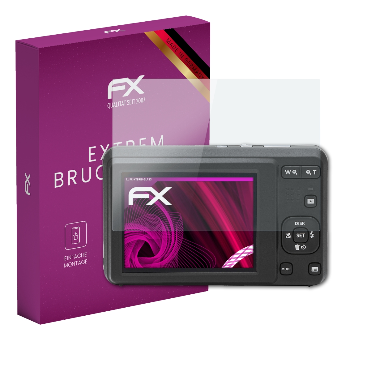 Eine Kamera mit Displayschutz, eine lila Box mit dem Text 'FX' und 'Made in Germany'.