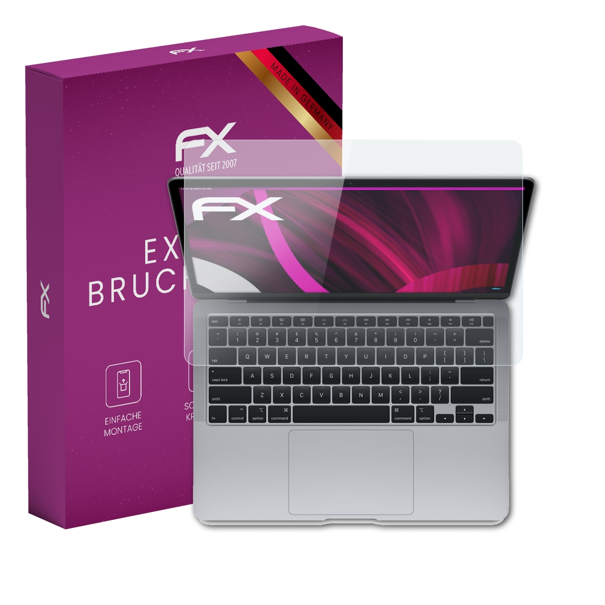 Laptop mit Displayschutz, Box mit FX-Logo. Text: Extrem Bruchsicher, Made in Germany.