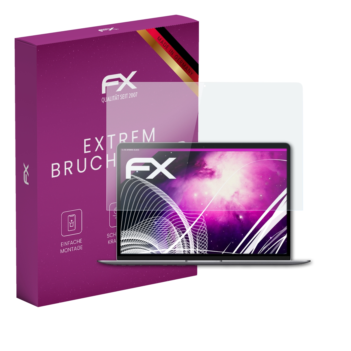 Laptop mit Displayschutz, lila Schachtel mit 'FX' Logo, 'Made in Germany' Label.