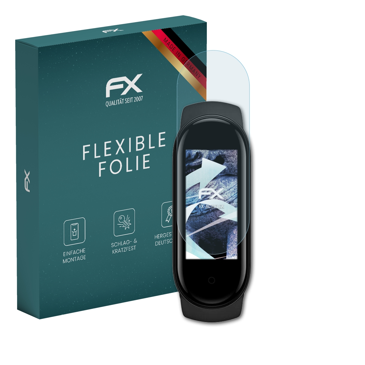 Smartwatch mit Displayschutz, grüne Schachtel mit 'FX' Logo, zeigt Oberfläche.