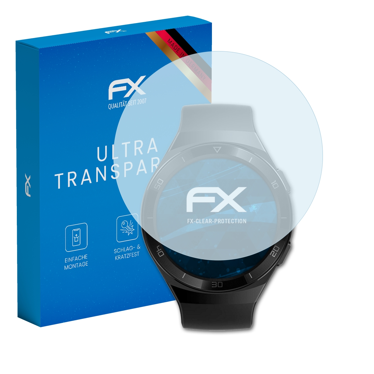 Ein Displayschutz und eine Schachtel mit der Aufschrift 'FX'. Der Displayschutz befindet sich auf einer Uhr.