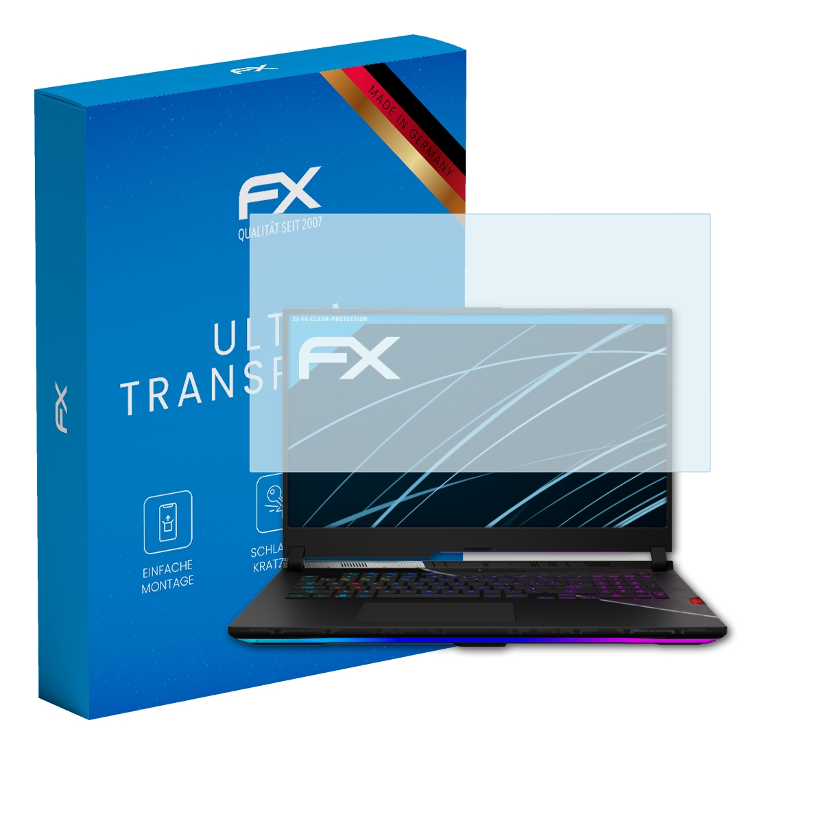 Laptop mit Displayschutzfolie, blaue Box mit FX-Logo und Text, 'Made in Germany'.