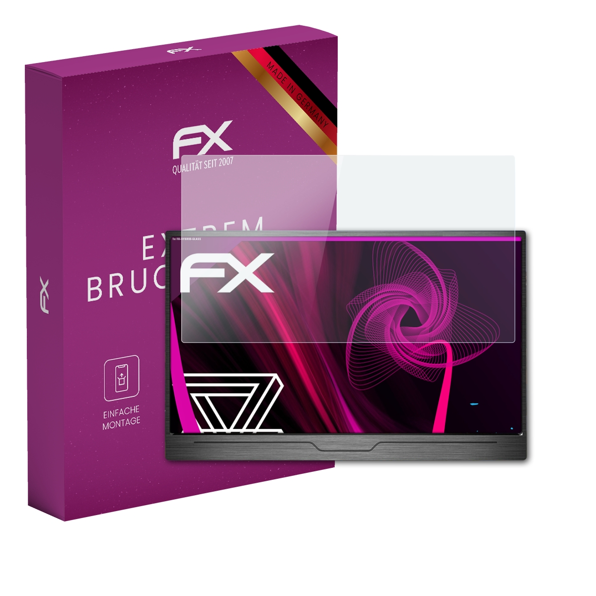 Lila Box mit Displayschutz und Tablet mit den Worten 'FX' und 'EXTREM BRUCHSICHER'.