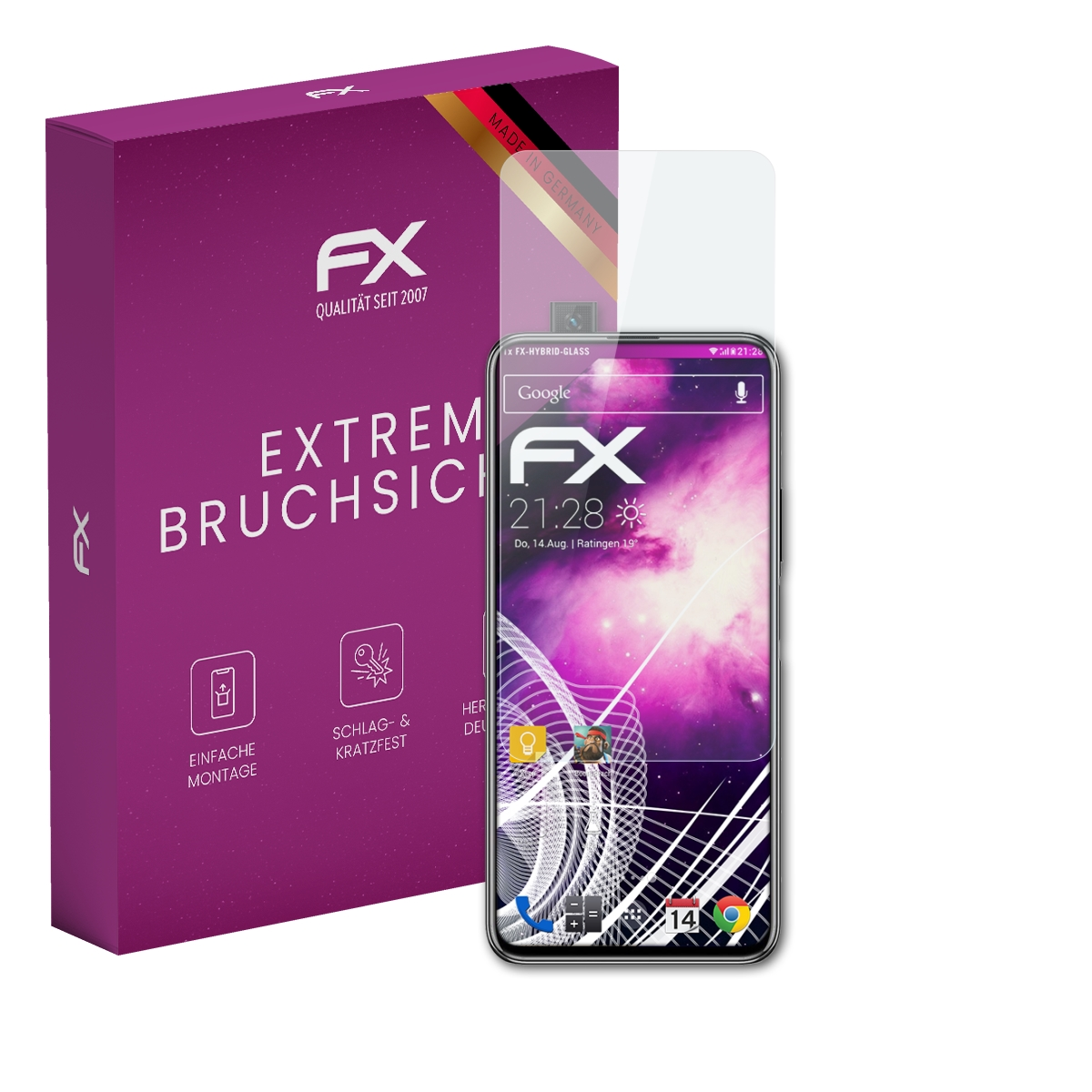 Smartphone mit Displayschutzfolie und Schachtel mit Text und Logos, beide mit FX-Marke.