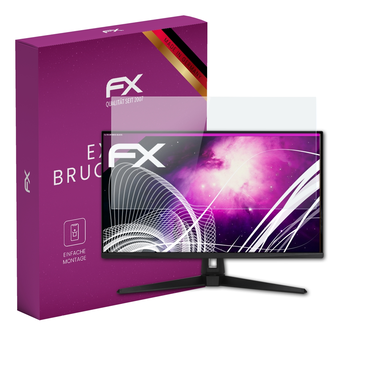 Ein Monitor mit Displayschutzfolie neben einer violetten Box. Die Box hat Logo und Text.