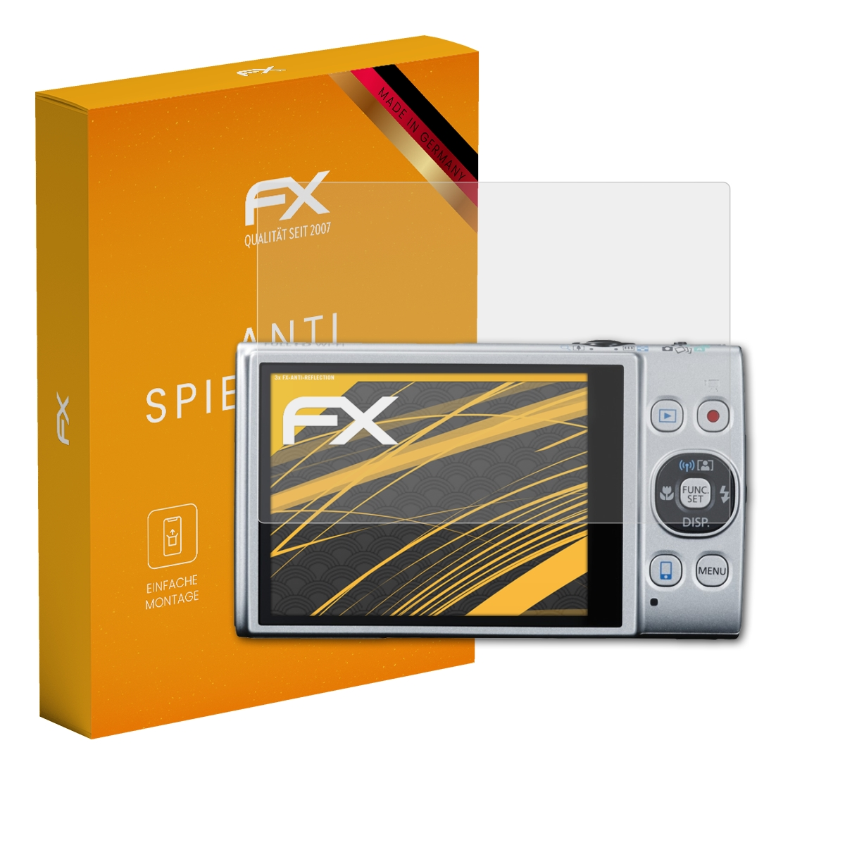 Kamera mit Displayschutz. Orangefarbene Box, silberne Kamera und klarer Displayschutz sichtbar.