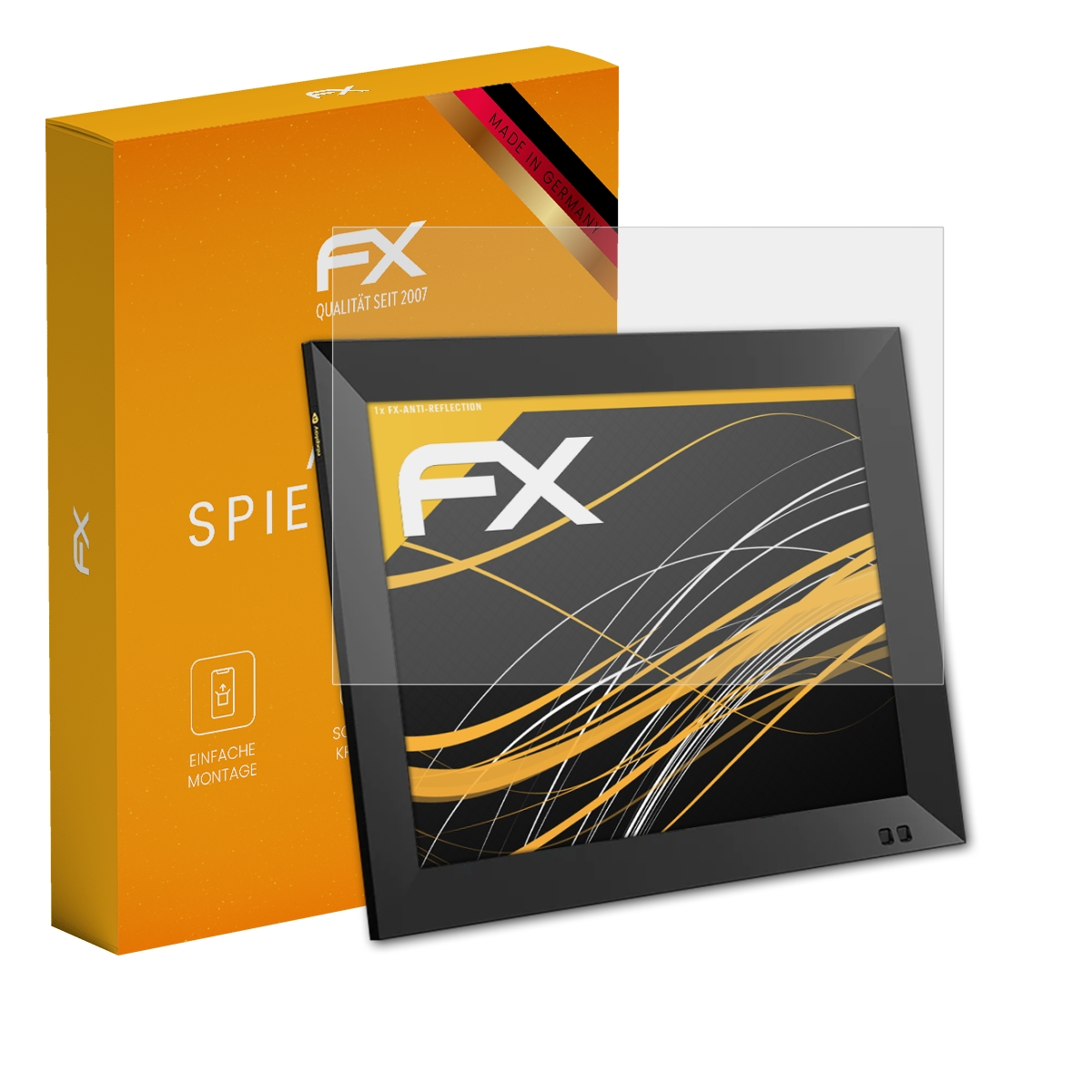 Ein Displayschutz neben einem schwarzen Display und einer orangefarbenen Box mit deutschem Text.