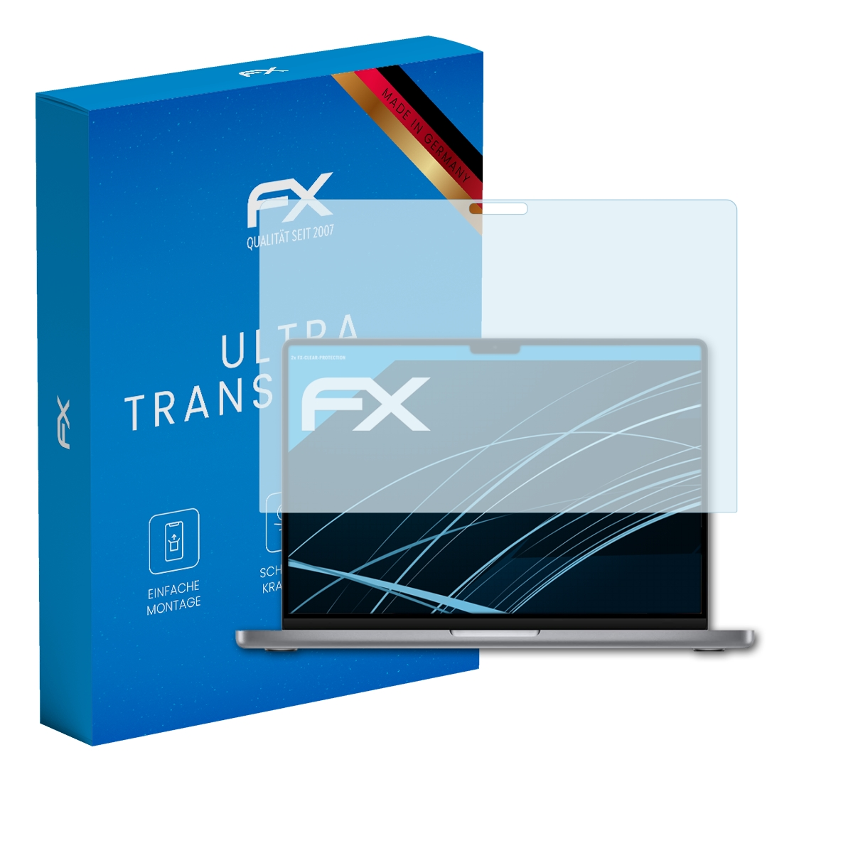 Ein Displayschutz neben einem Laptop mit einer blauen Box mit deutschem Text.