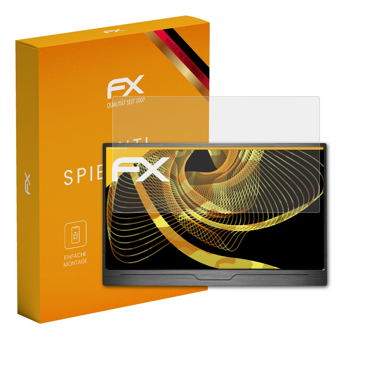 Monitor-Displayschutz mit orangefarbener Box. FX-Logo, Made in Germany. Transparenter Schutz auf dem Monitor.