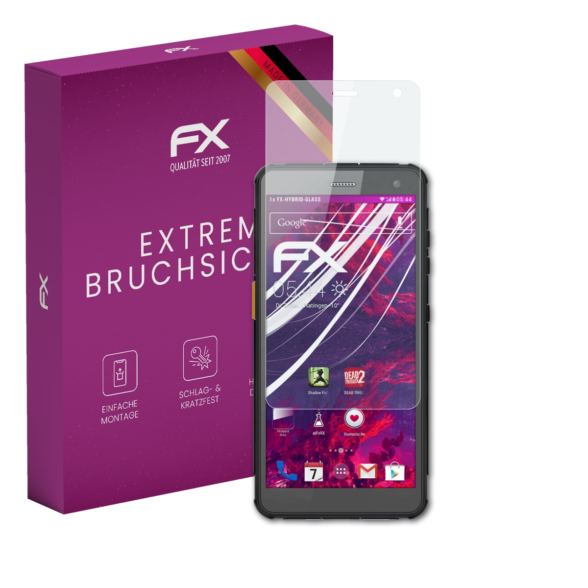 Ein Telefon und Displayschutzfolie werden gezeigt. Die Verpackung sagt Extrem bruchsicher. Das Telefon zeigt Apps.