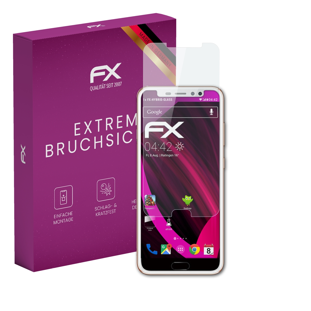 Lila Box mit Telefon und Displayschutz. Telefon zeigt Google, Apps und Uhrzeit an.