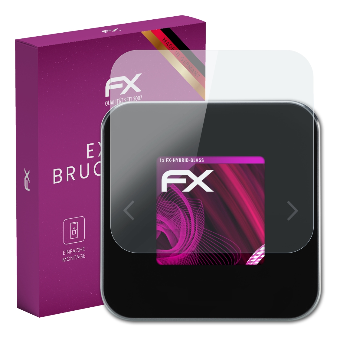 Displayschutz auf kleinem Gerät, Box mit 'EXTREM BRUCH' und 'MADE IN GERMANY'.
