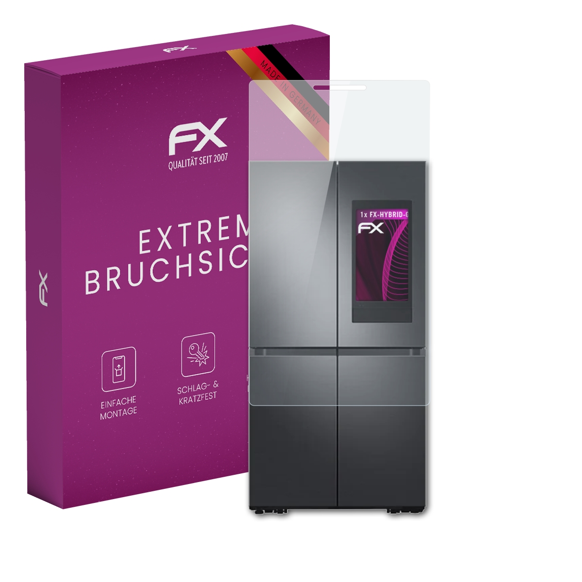 Ein Kühlschrank mit Displayschutz und eine lila Box.