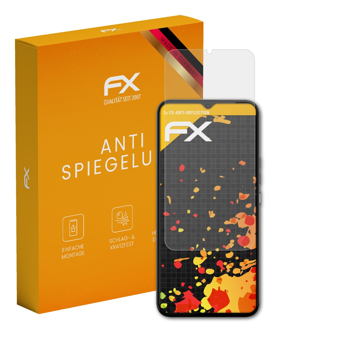 Ein Telefon mit Schutzfolie und Box. Der Schutz ist auf dem Telefonbildschirm, die Box hat FX und Anti Spiegelu.