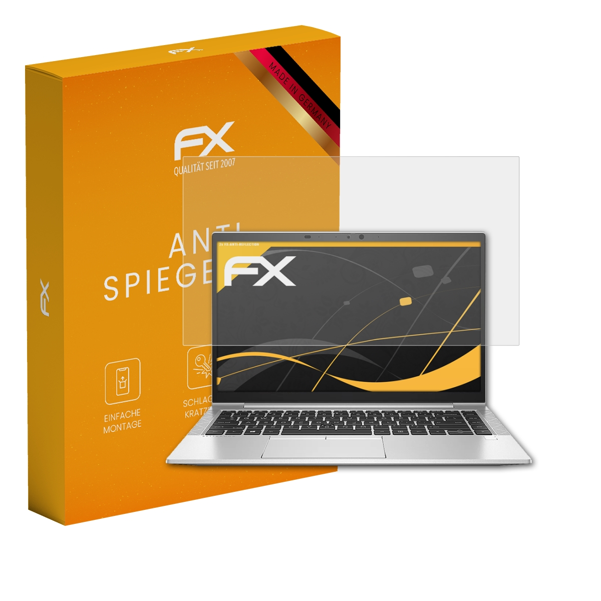 Box mit Displayschutzfolie, Laptop mit Displayschutzfolie. Orange Box. Auf der Box steht FX, AN SPIEG.