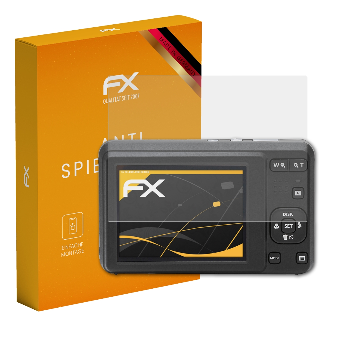 Kamera und Displayschutz. Orangefarbene Box mit FX-Logo. Klarer Schutz über dem Kamerabildschirm.