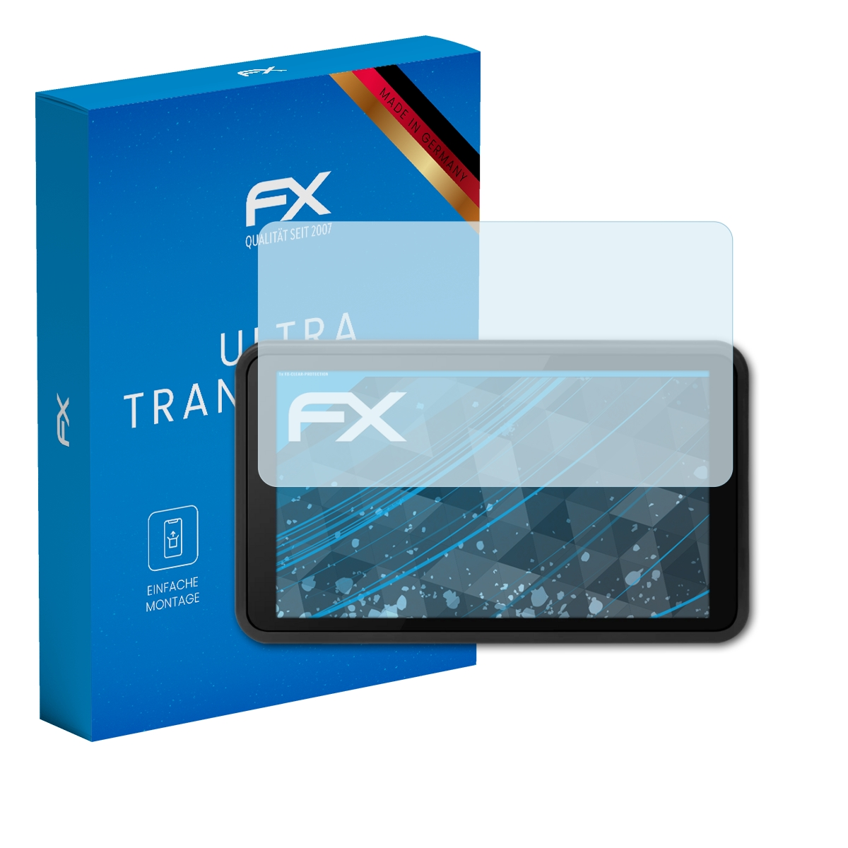 Eine blaue Schachtel mit Displayschutzfolie und einem Tablet. Auf der Schachtel steht FX ULTRA TRANSPAR.