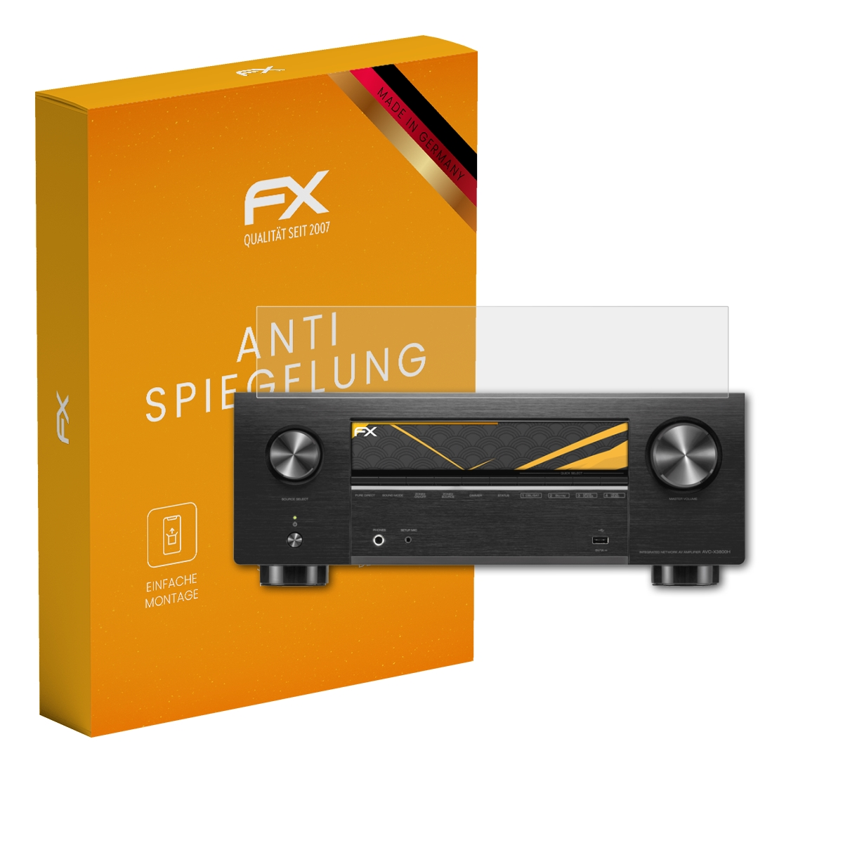 Eine orangefarbene Produktbox und ein schwarzer Receiver mit einem Displayschutz über seinem Bildschirm.