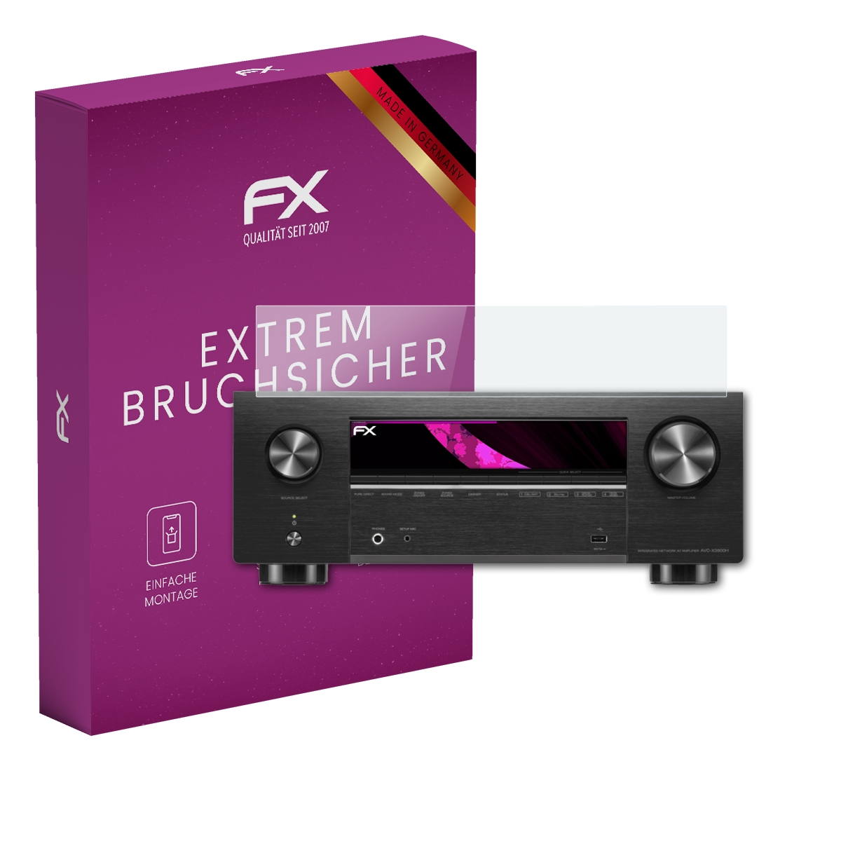 Heimkino-Receiver mit Displayschutzfolie neben einer lila Box. Gleiches Markenlogo vorhanden.