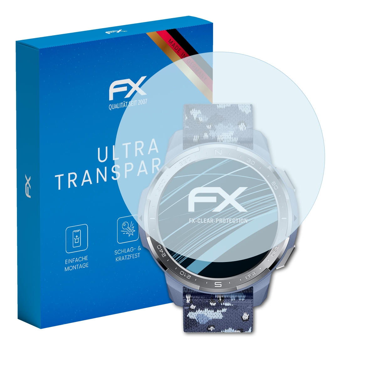 Smartwatch mit Displayschutzfolie und blauer Box. Texte: FX, Ultra Transparent, Made in Germany.