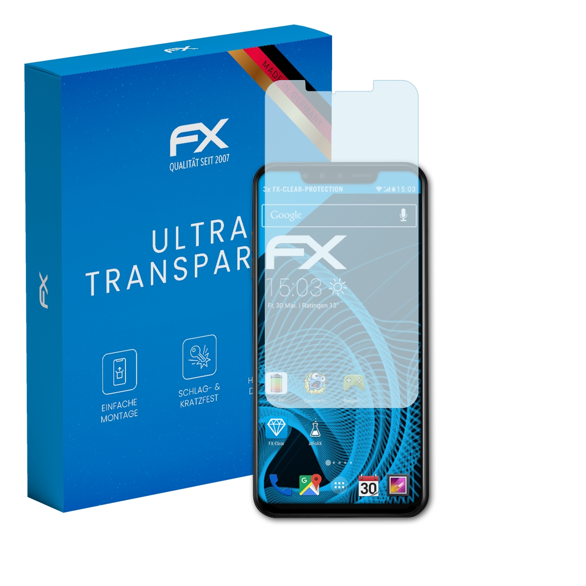 Eine blaue Box mit Telefon und Displayschutz. Das Telefon zeigt das Google-Logo.