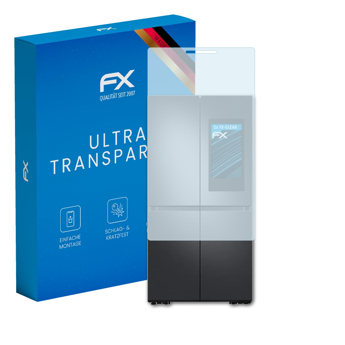 Blaue Box mit FX-Logo und Kühlschrank mit Displayschutz auf der Tür.