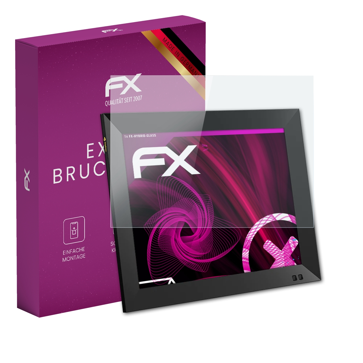 Digitaler Fotorahmen mit Displayschutzfolie und einer lila Box. Rahmen ist schwarz. Box hat das FX-Logo.