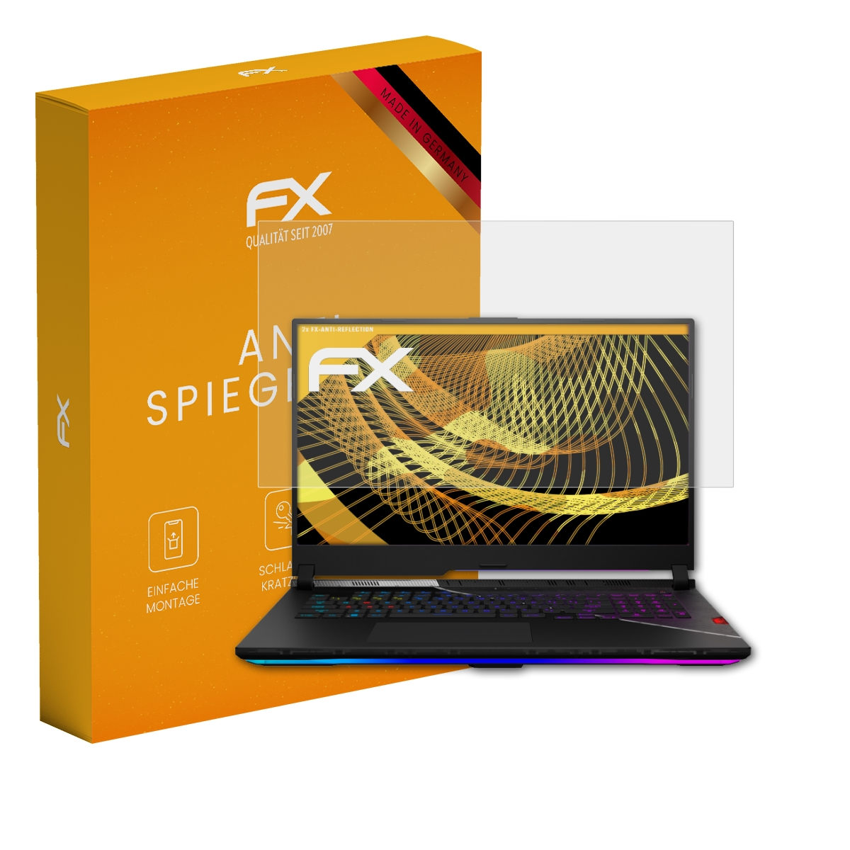 Orangefarbene Box und Laptop mit Displayschutz. Laptop zeigt ein goldfarbenes Design.