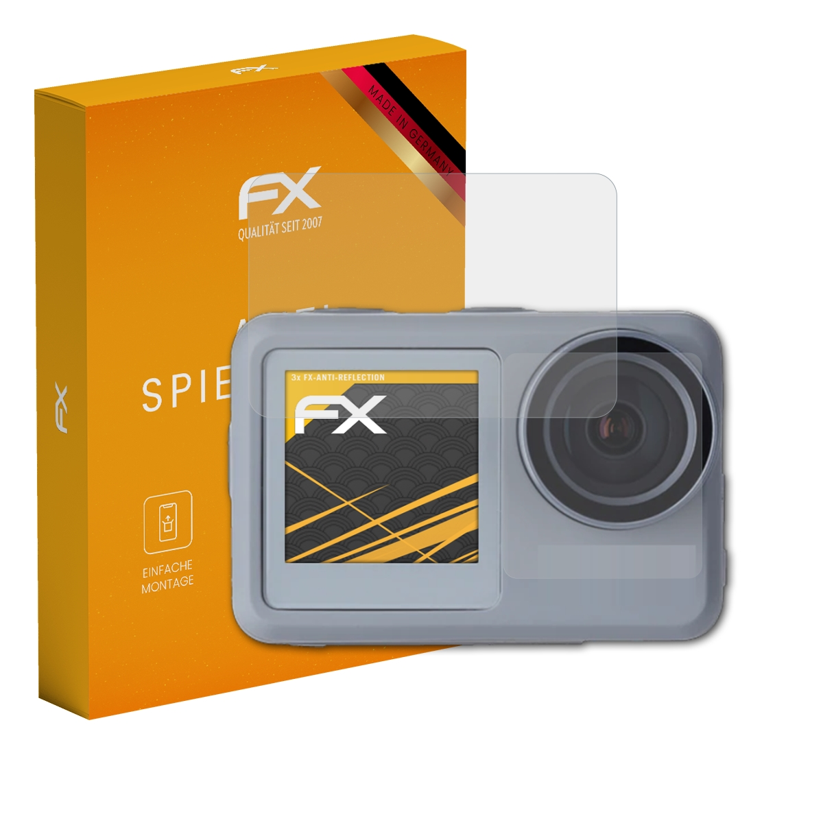 Kamera mit Displayschutzfolie und Box. Die Box ist orange, mit FX-Logo.