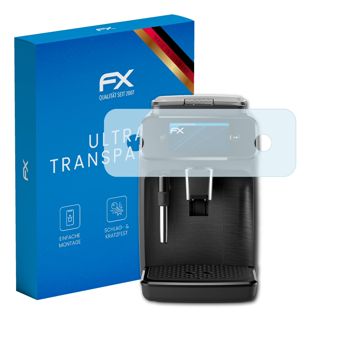 Eine schwarze Kaffeemaschine mit Displayschutz und blauer Box. Der Bildschirm zeigt FX-Logo.