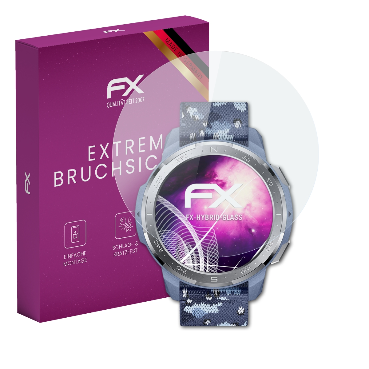 Lila Box mit Smartwatch und Displayschutz. Hergestellt in Deutschland. Text: Extrem bruchsicher.