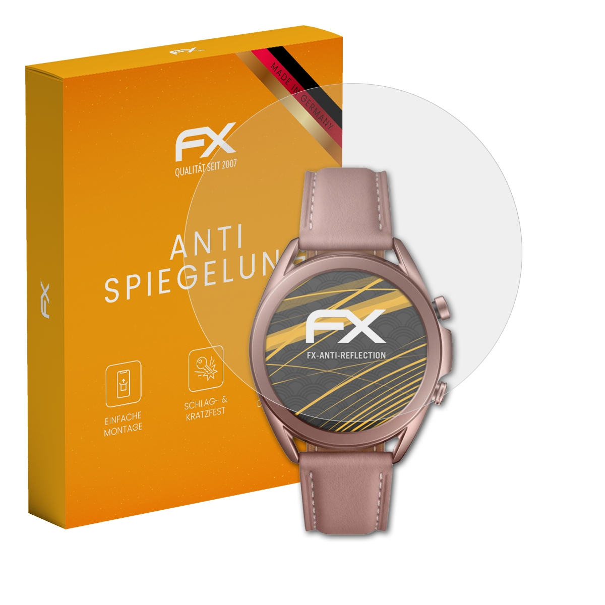 Rosa Uhr mit Displayschutz und orangefarbener Box. Die Uhr zeigt das FX-Logo und einen klaren Bildschirm.