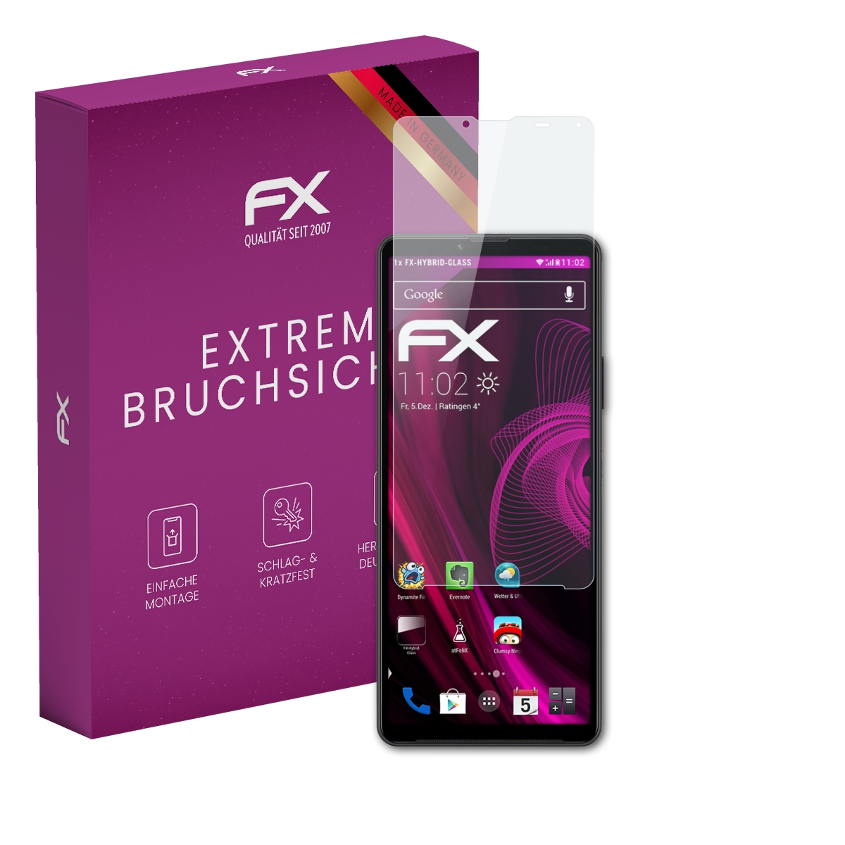 Ein Smartphone mit Displayschutzfolie und der dazugehörigen Box. Auf der Box steht FX und extremer Schutz.