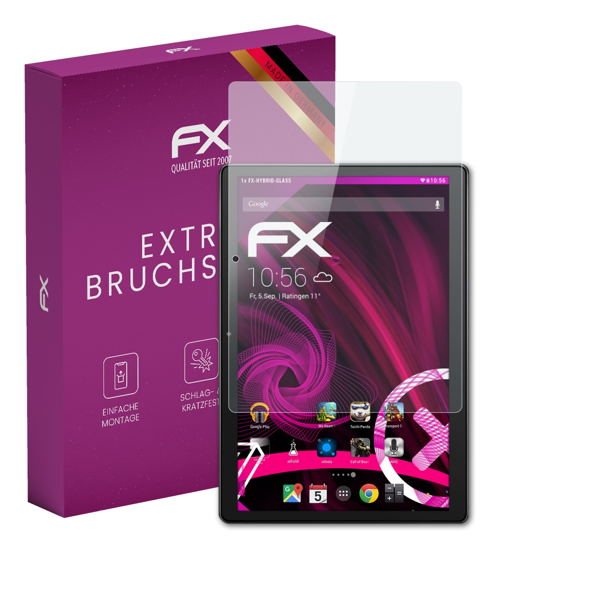 Lila Box und Tablet mit Displayschutz. Tablet-Bildschirm zeigt Apps und Uhrzeit. Made in Germany Etikett.
